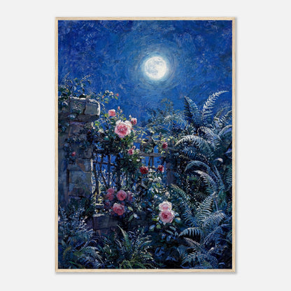 Moonlit Rose Garden and Stone Wall Impressionist Art Print