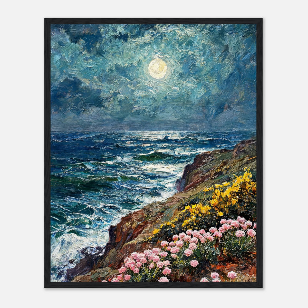 Moonlit Coastal Cliff Flowers Impressionist Art Print