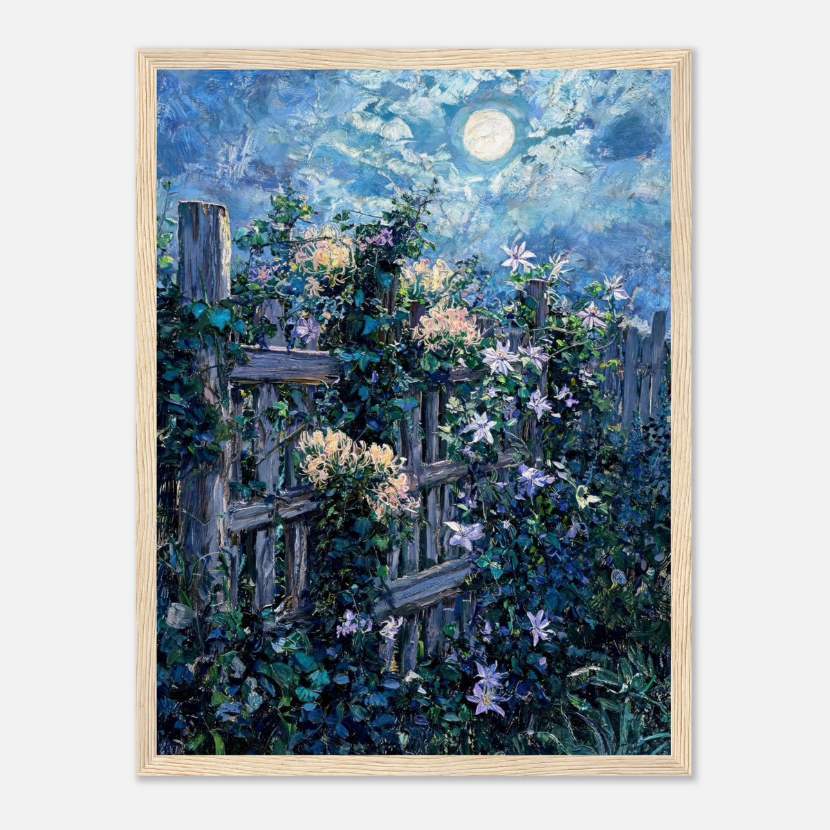 Moonlit Garden Fence Flowers Impressionist Art Print