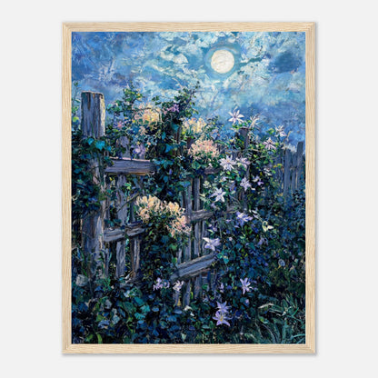 Moonlit Garden Fence Flowers Impressionist Art Print