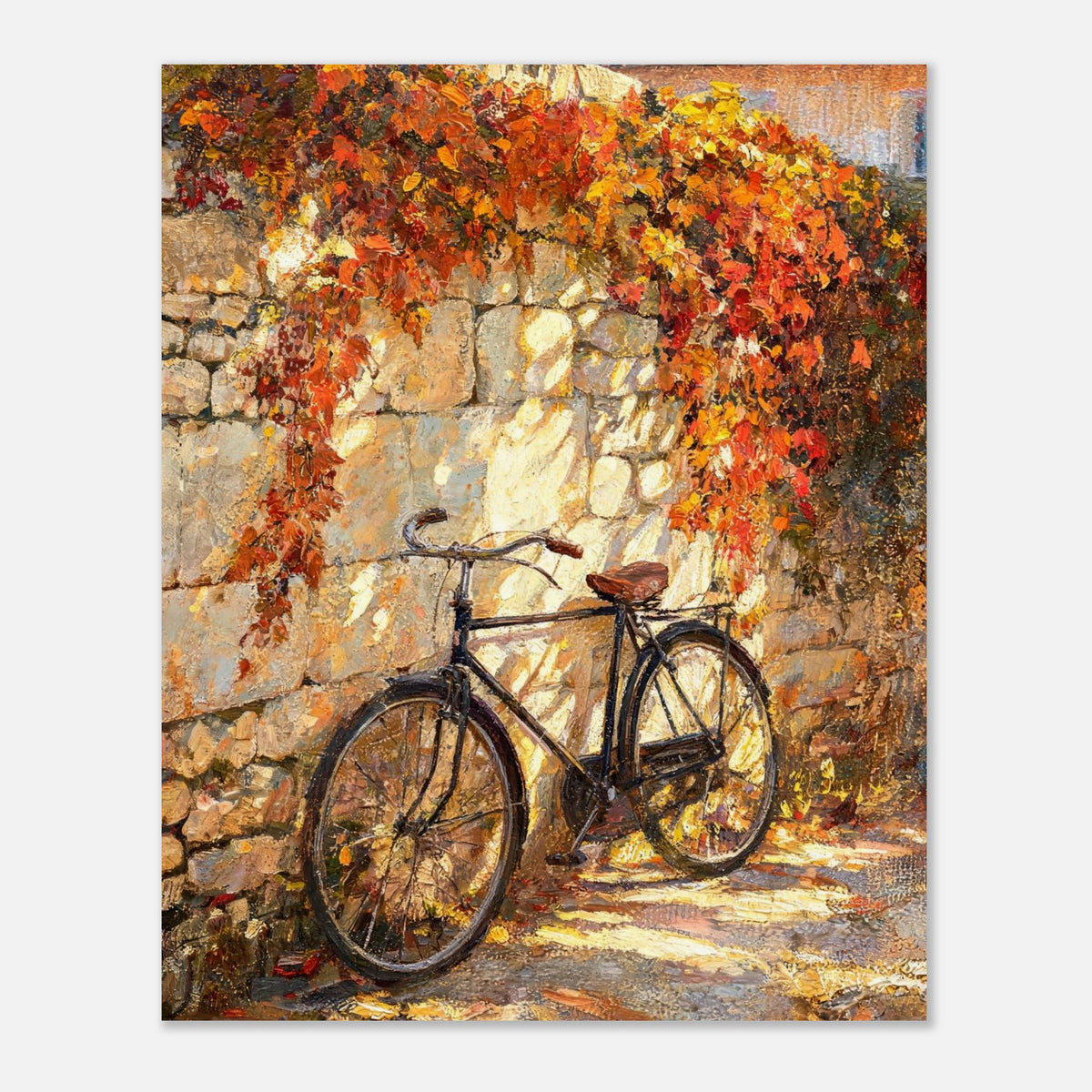 Autumn Vintage Bicycle Stone Wall Impressionist Art Print
