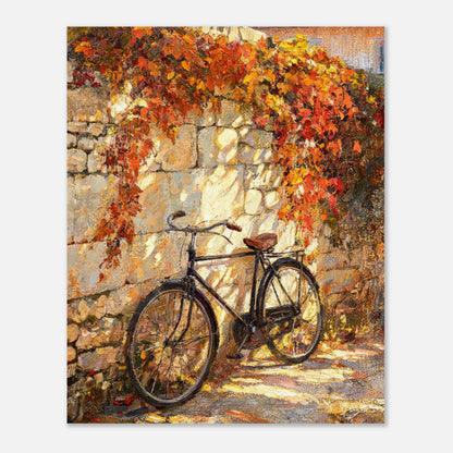 Autumn Vintage Bicycle Stone Wall Impressionist Art Print