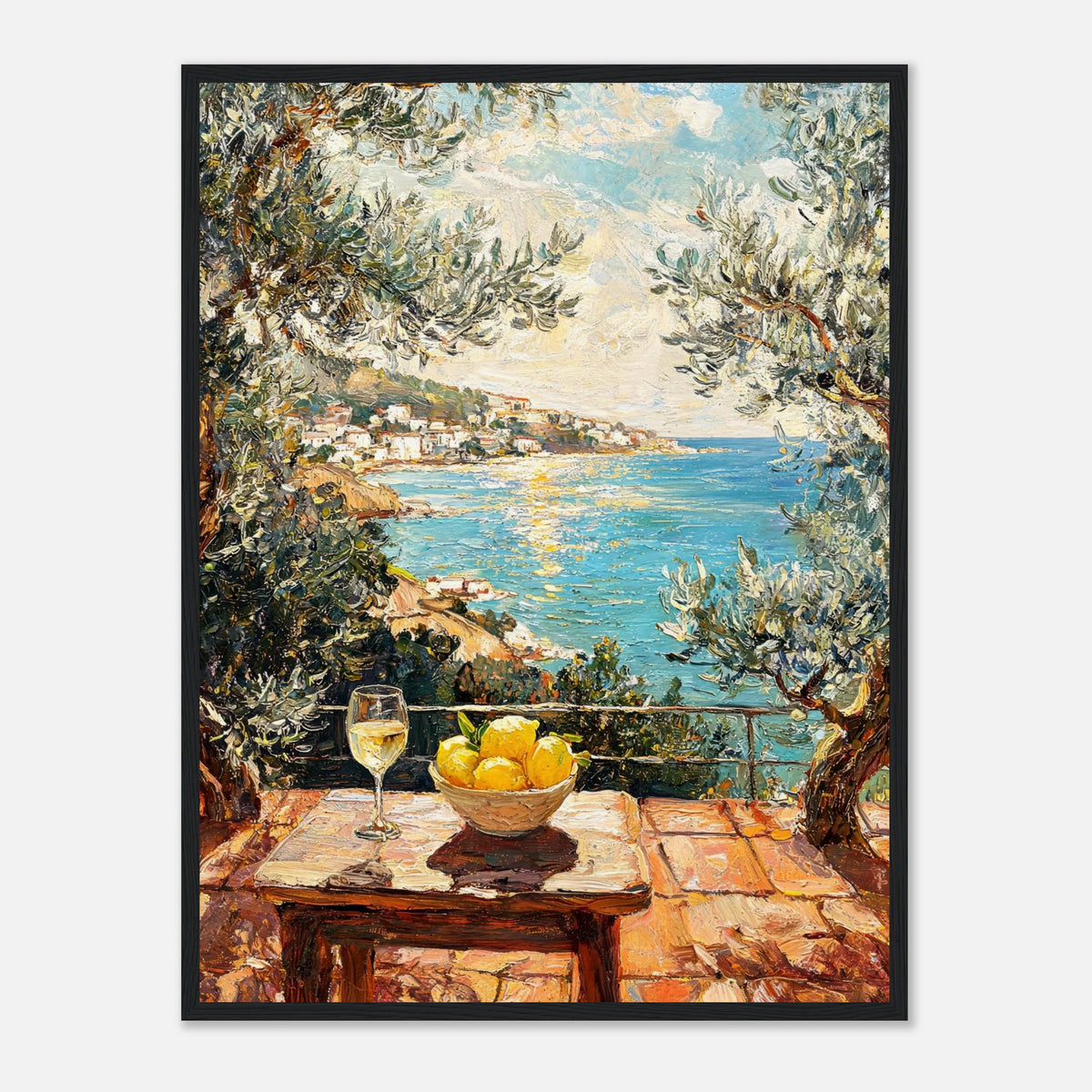 Impressionist oil painting print from Vintstep depicting a bowl of fresh lemons and a wine glass on a sunlit terrace overlooking a blue Mediterranean sea.