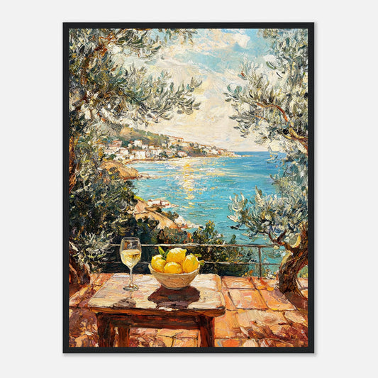 Impressionist oil painting print from Vintstep depicting a bowl of fresh lemons and a wine glass on a sunlit terrace overlooking a blue Mediterranean sea.