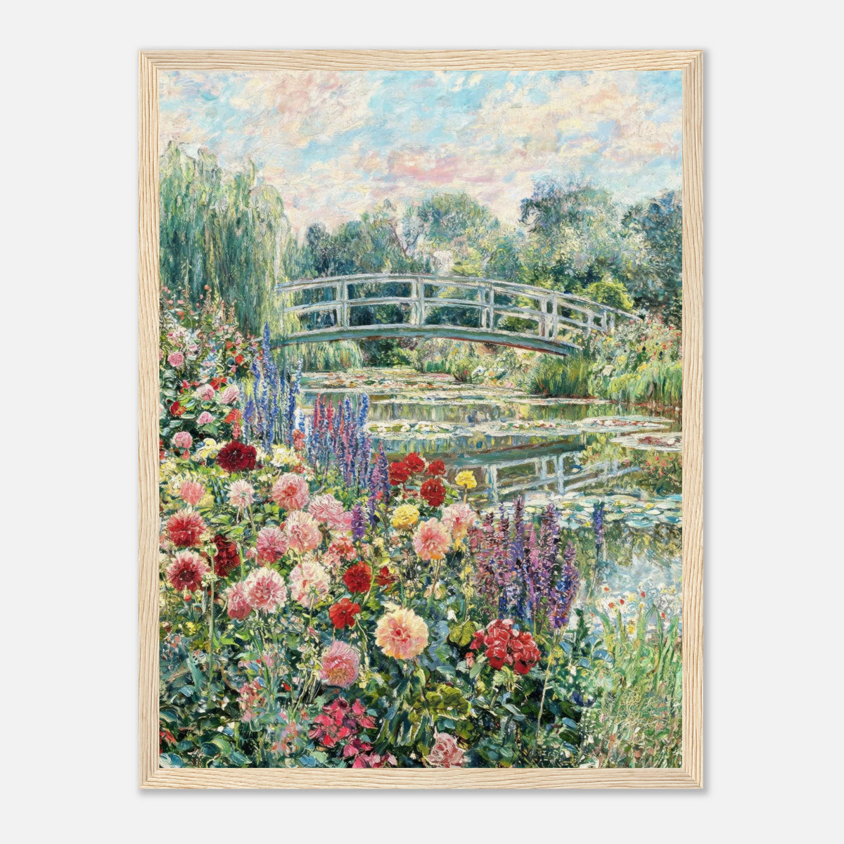Blooming Summer Garden & Japanese Bridge Impressionist Art Print