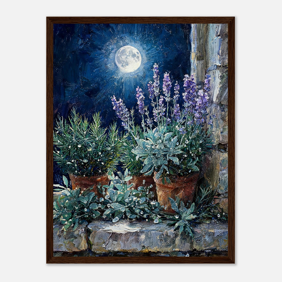 Moonlit Potted Lavender by Stone Window Impressionist Art Print