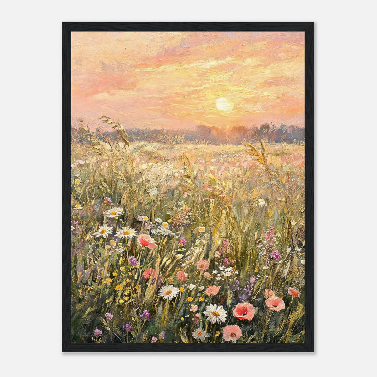 Golden Sunset Meadow & Wildflowers Impressionist Art Print