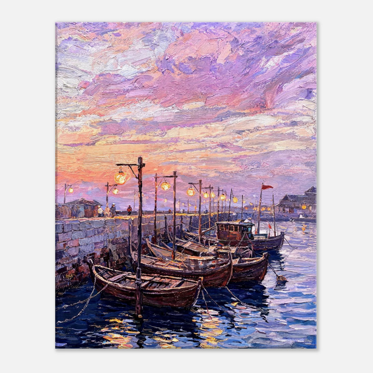 Coastal Harbor Twilight Wooden Boats Impressionist Art Print
