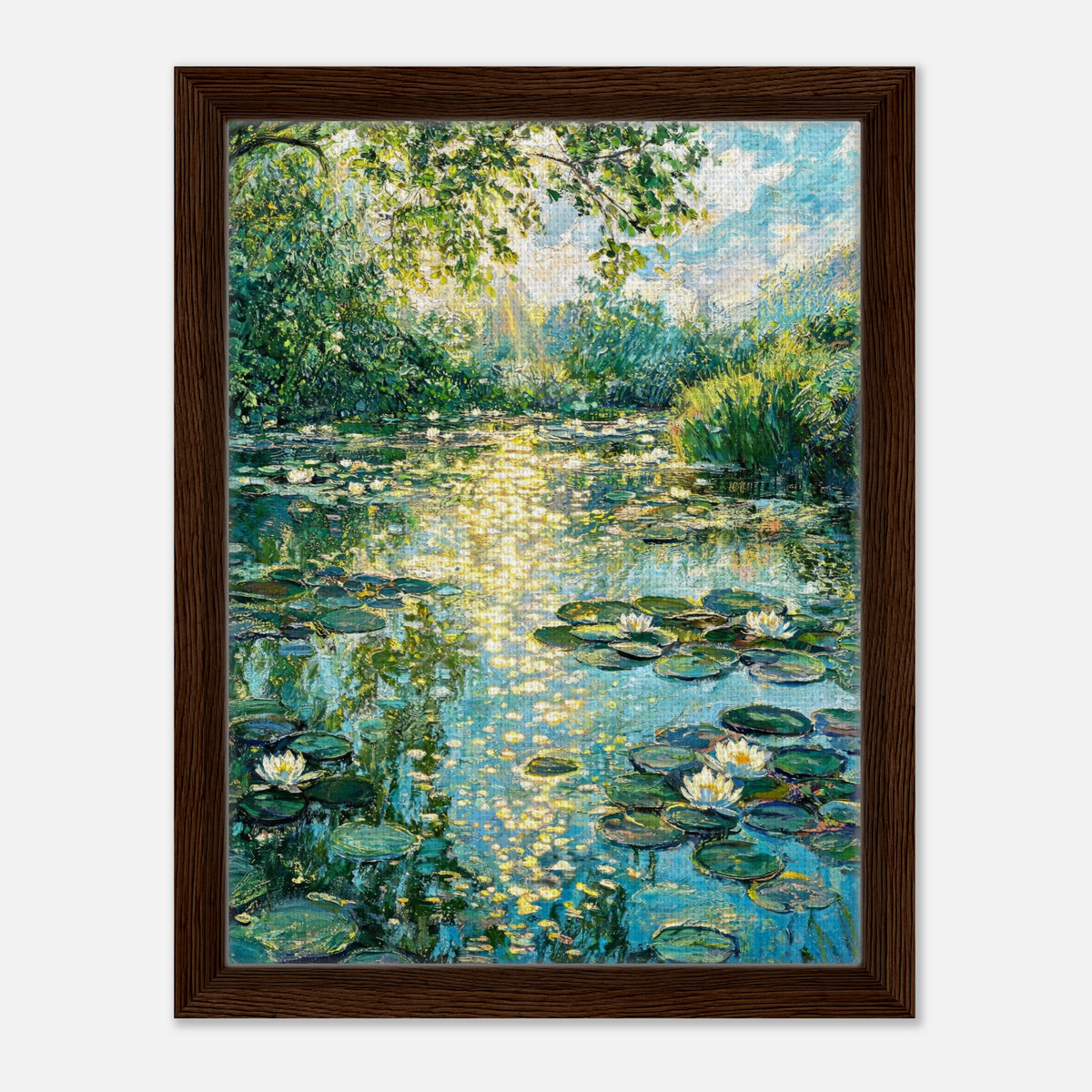 Sunlit Water Lilies & Shimmering Pond Impressionist Art Print