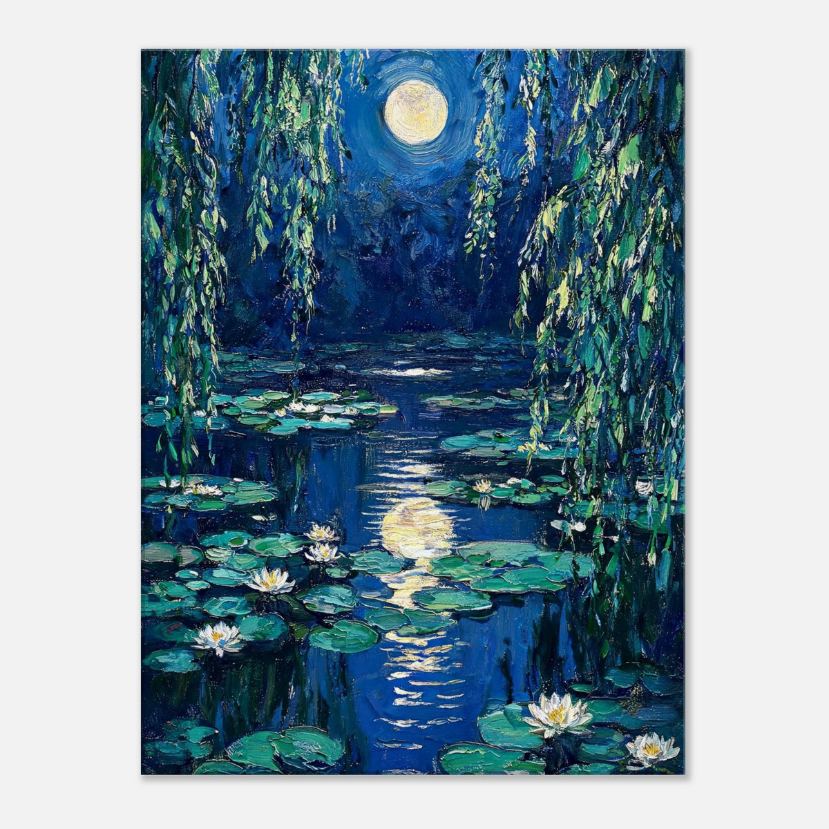 Moonlit Water Lilies Pond Impressionist Art Print
