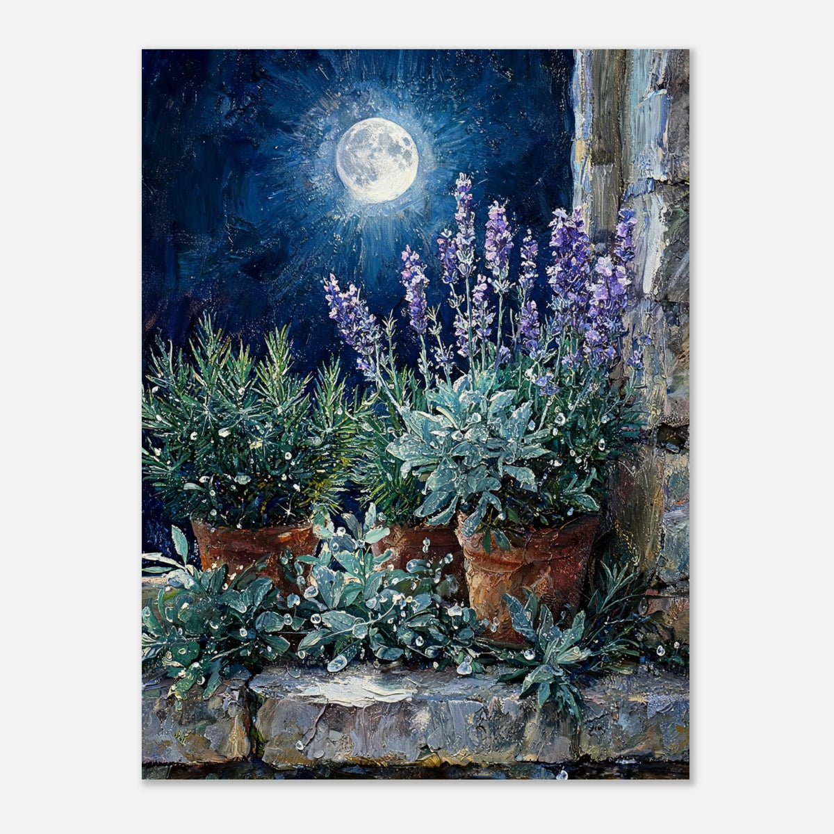 Moonlit Potted Lavender by Stone Window Impressionist Art Print