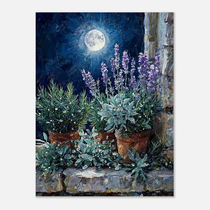 Moonlit Potted Lavender by Stone Window Impressionist Art Print