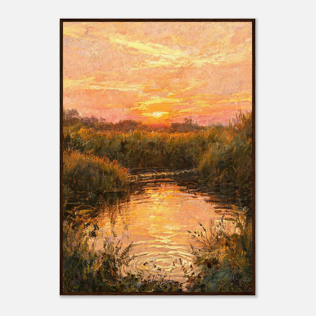 Golden Sunset over River Reflection Impressionist Art Print