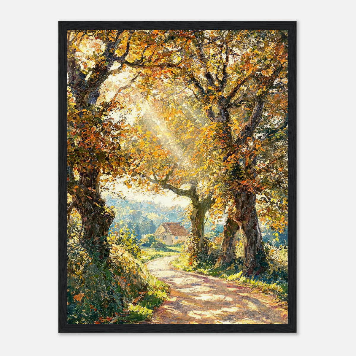 Sunlit Autumn Forest Path Impressionist Art Print