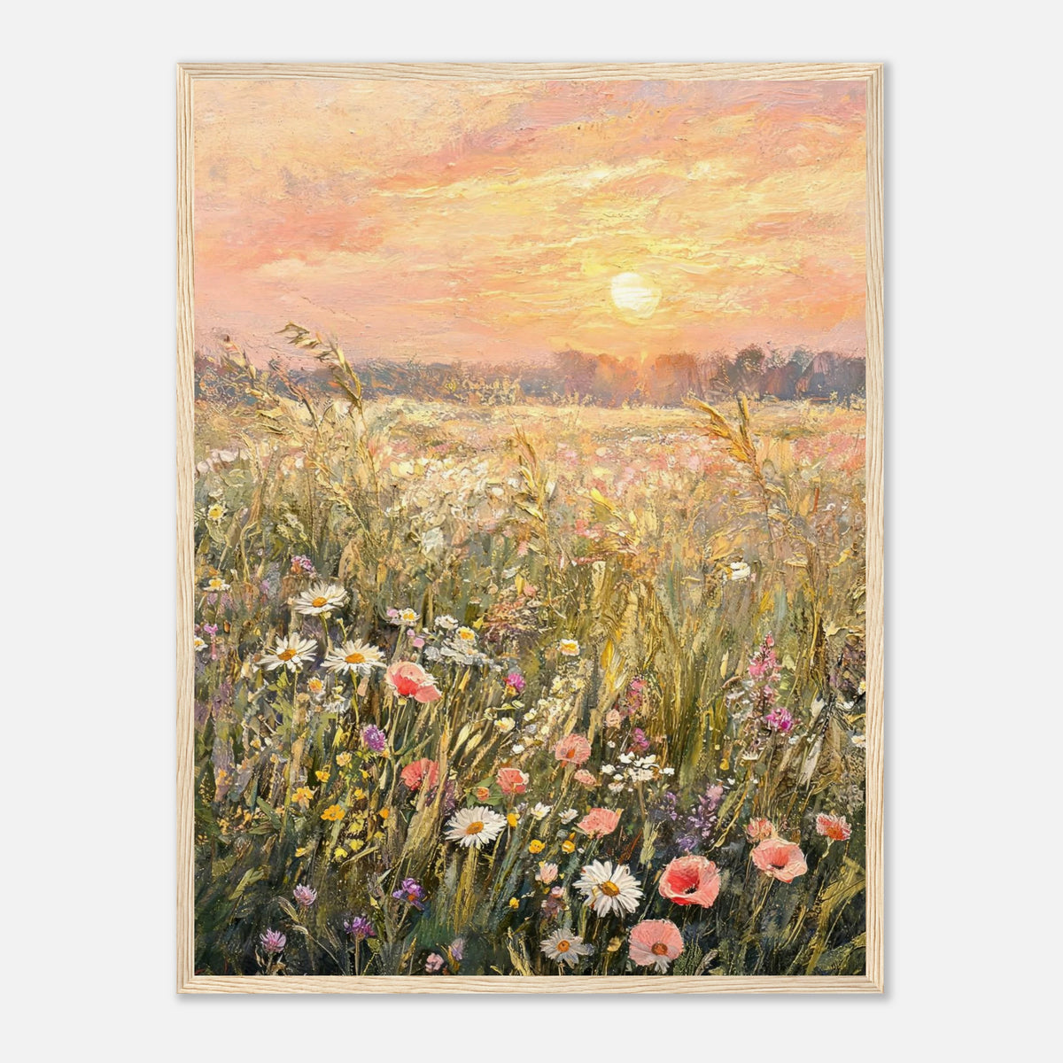Golden Sunset Meadow & Wildflowers Impressionist Art Print