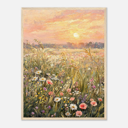 Golden Sunset Meadow & Wildflowers Impressionist Art Print