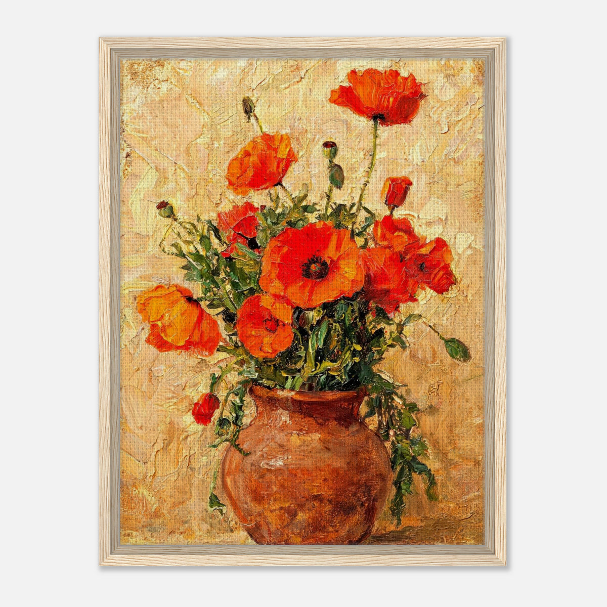 Vibrant Red Poppies in Terracotta Vase Impressionist Art Print