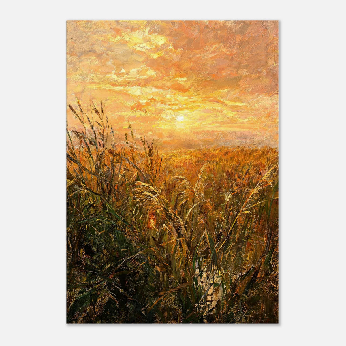 Golden Grass Field at Sunset Impressionist Art Print