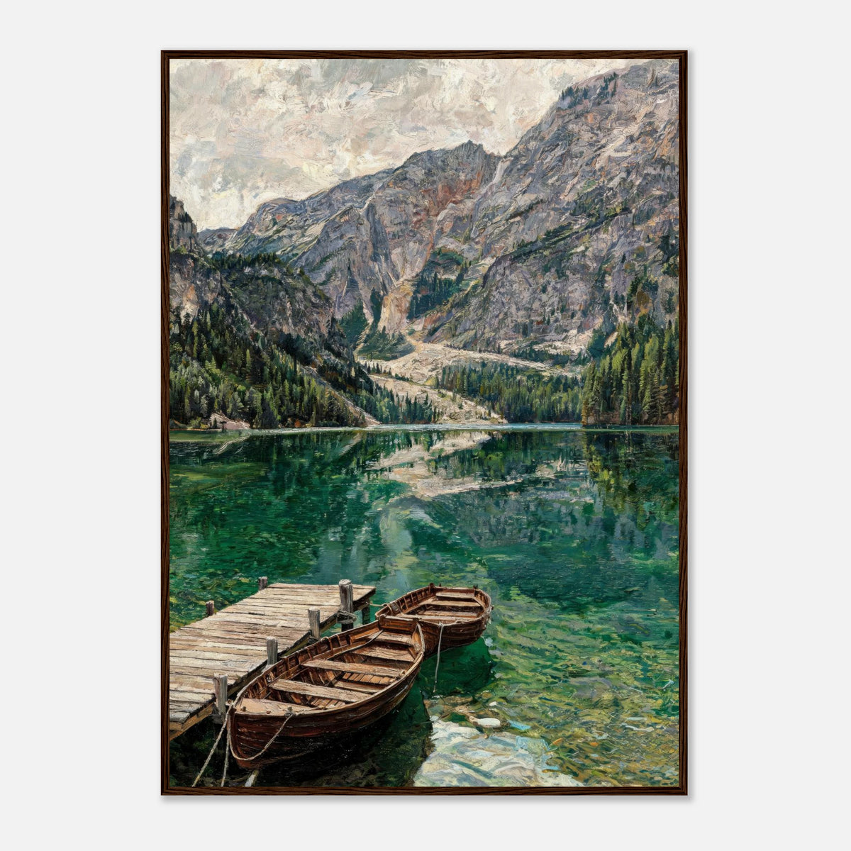 Wooden Boats on Alpine Lake Impressionist Art Print