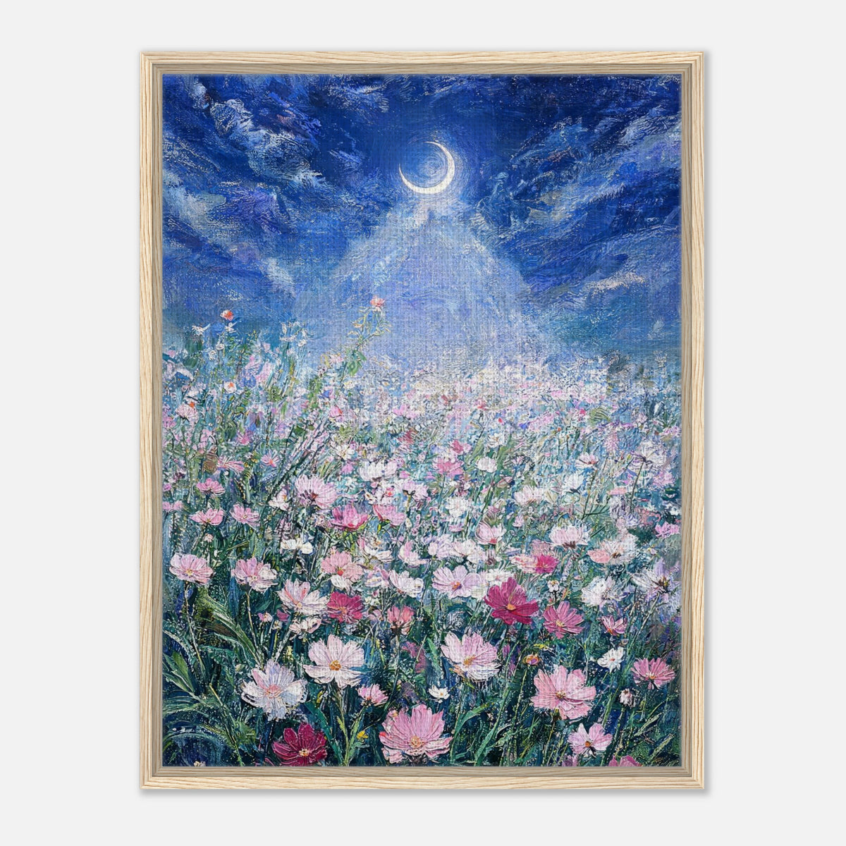 Moonlit Wild Cosmos Field Impressionist Art Print