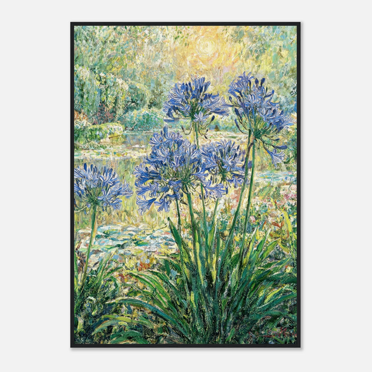 Blue Agapanthus & Sunlit Garden Impressionist Art Print