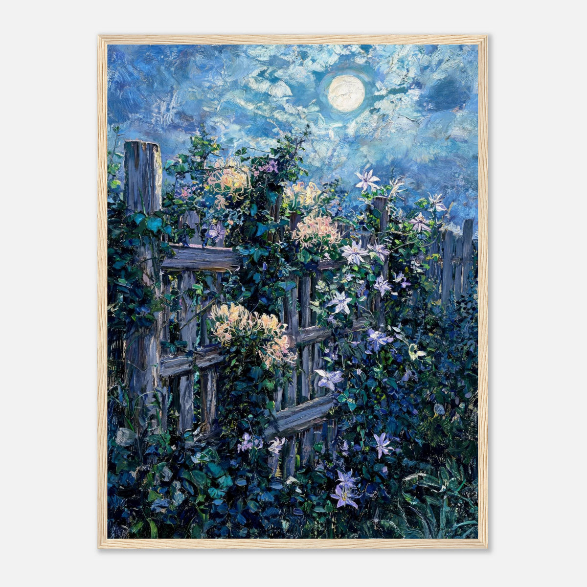Moonlit Garden Fence Flowers Impressionist Art Print
