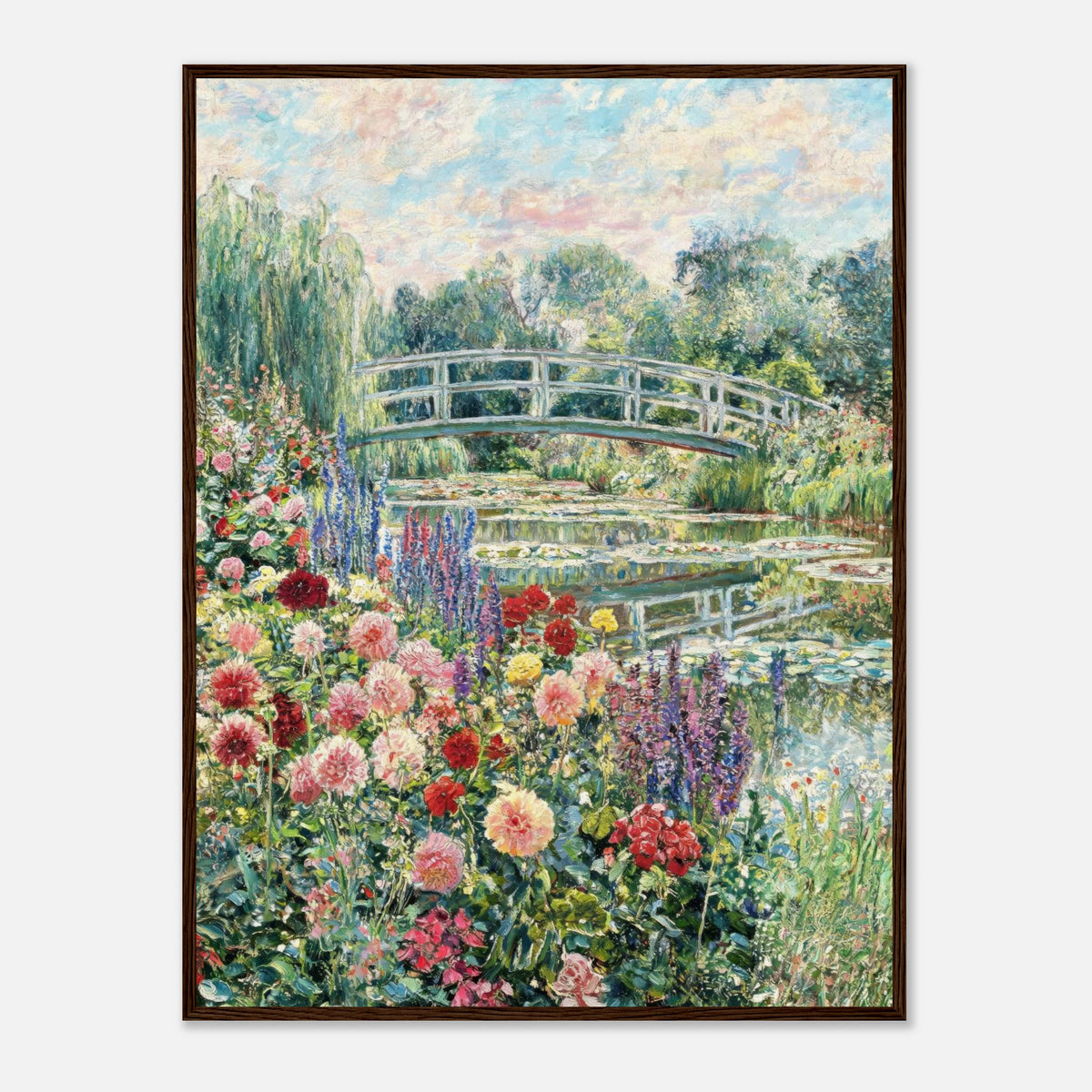Blooming Summer Garden & Japanese Bridge Impressionist Art Print