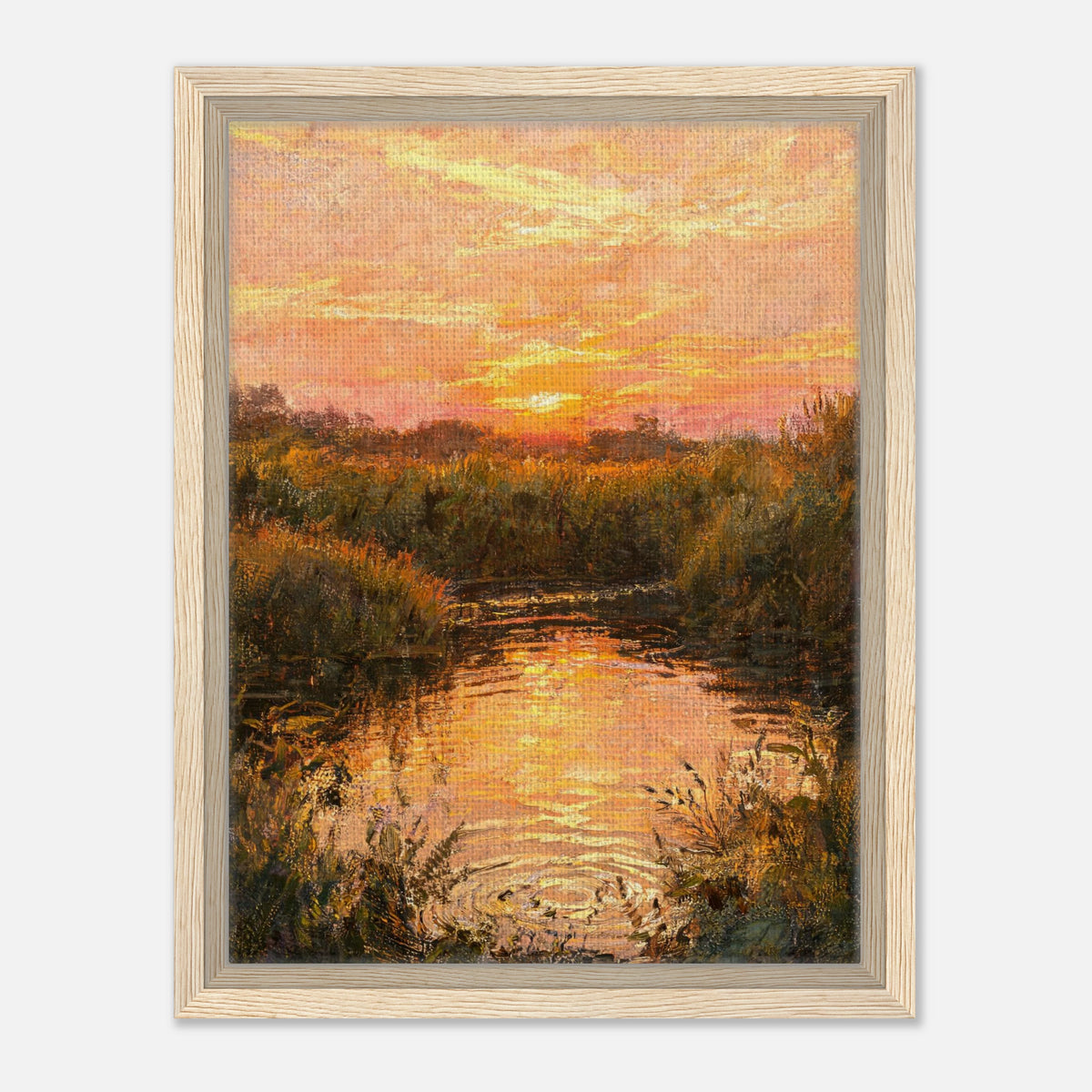 Golden Sunset over River Reflection Impressionist Art Print