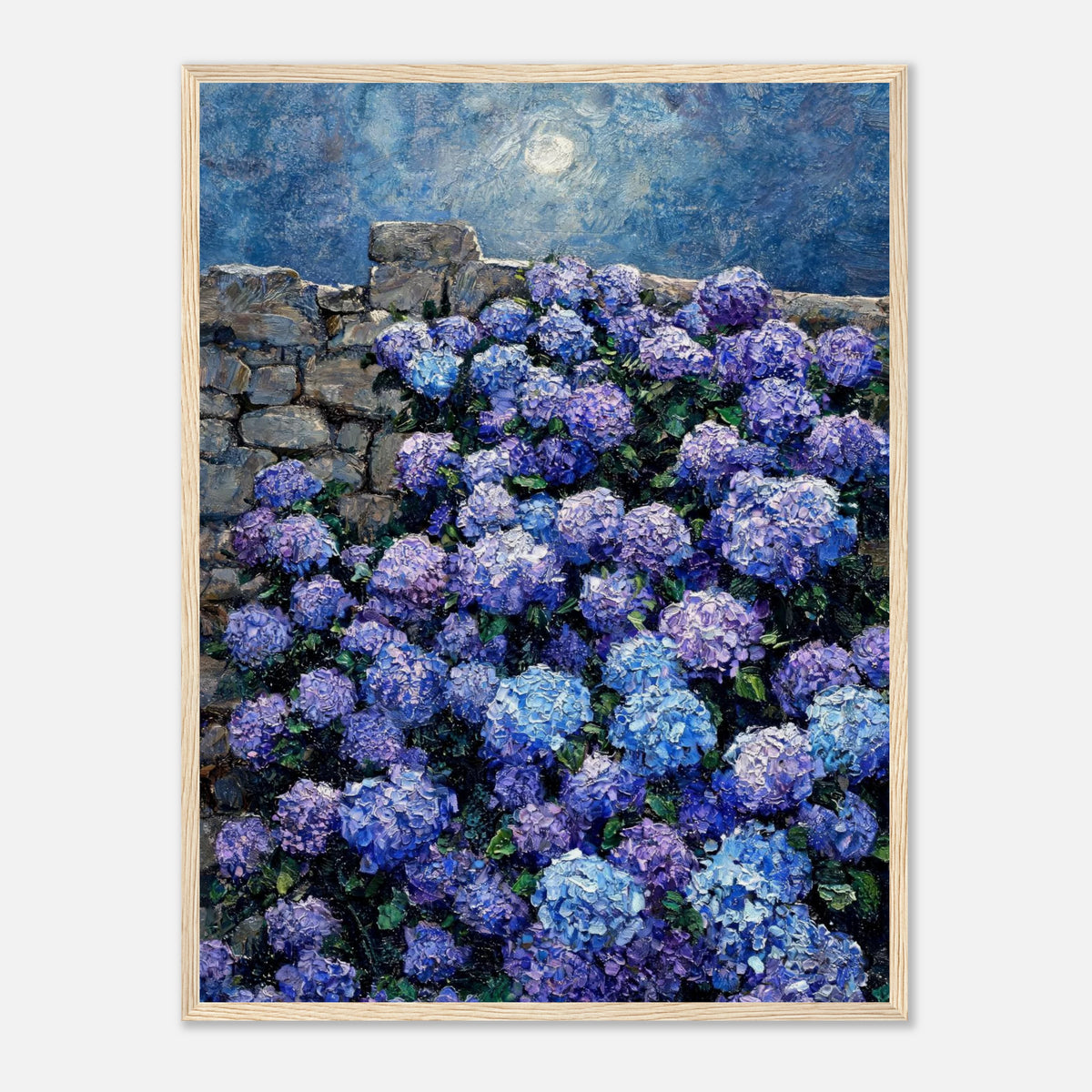 Moonlit Blue Hydrangeas by Stone Wall Impressionist Art Print