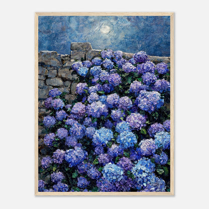 Moonlit Blue Hydrangeas by Stone Wall Impressionist Art Print