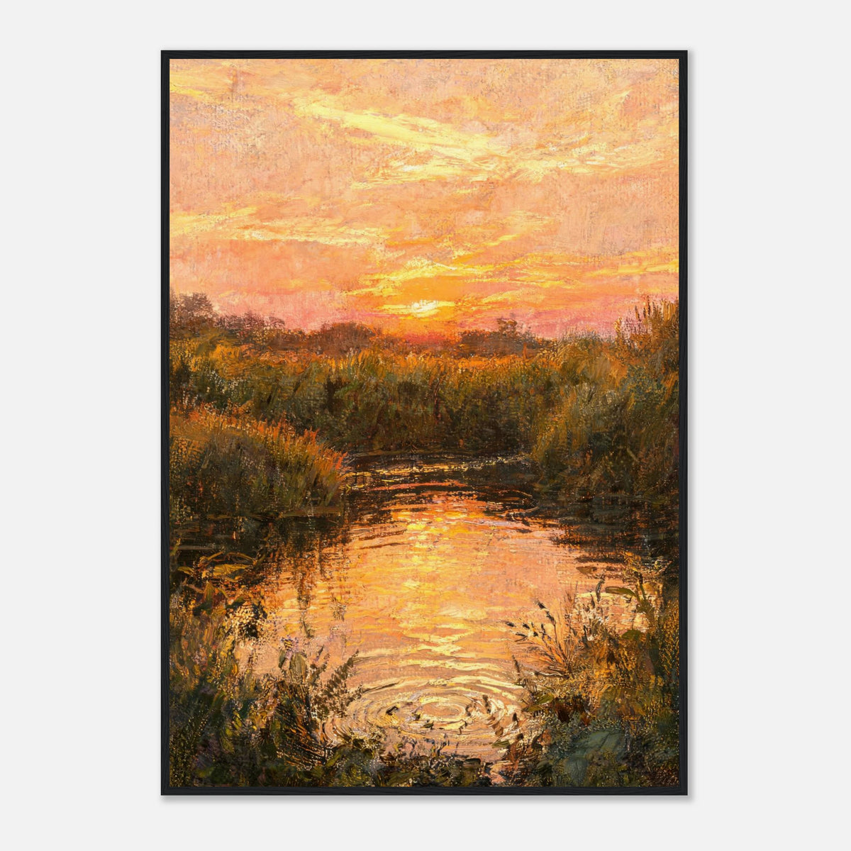 Golden Sunset over River Reflection Impressionist Art Print