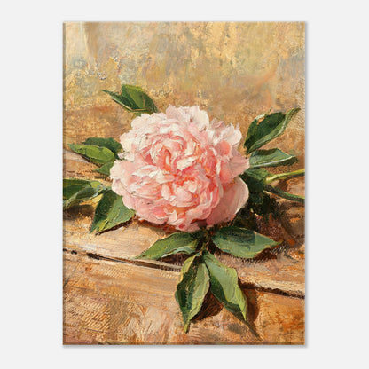Single Pink Peony on Rustic Wood Impressionist Art Print