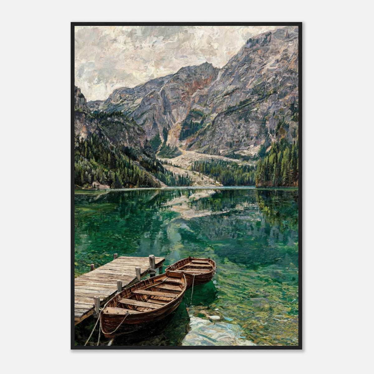 Wooden Boats on Alpine Lake Impressionist Art Print