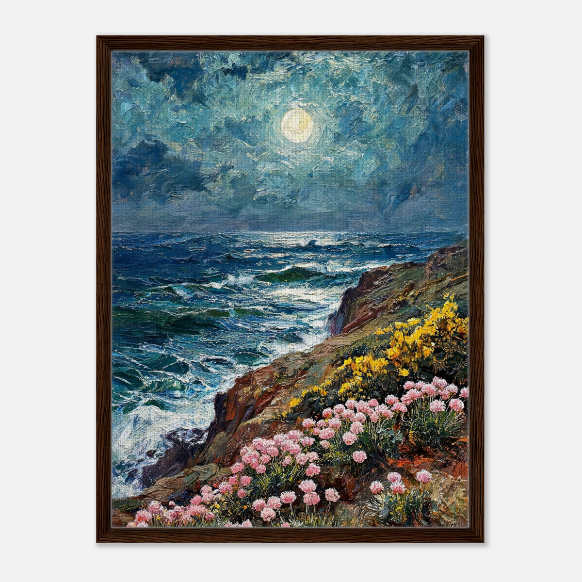 Moonlit Coastal Cliff Flowers Impressionist Art Print