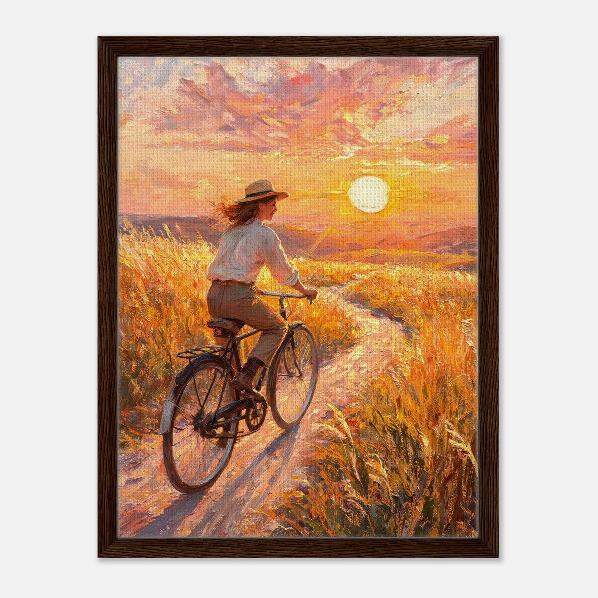 Cycling Through Golden Fields at Sunset Impressionist Art Print