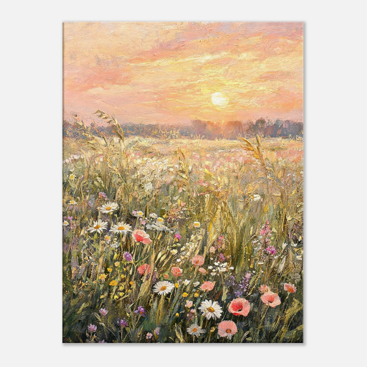 Golden Sunset Meadow & Wildflowers Impressionist Art Print