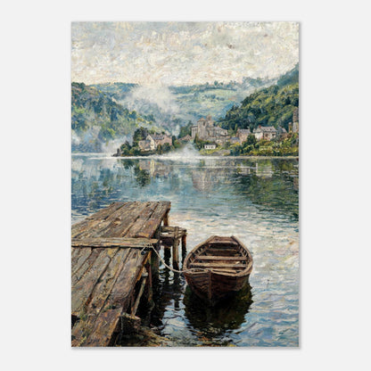 Misty Mountain Lake Wooden Boat Impressionist Art Print