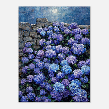 Moonlit Blue Hydrangeas by Stone Wall Impressionist Art Print