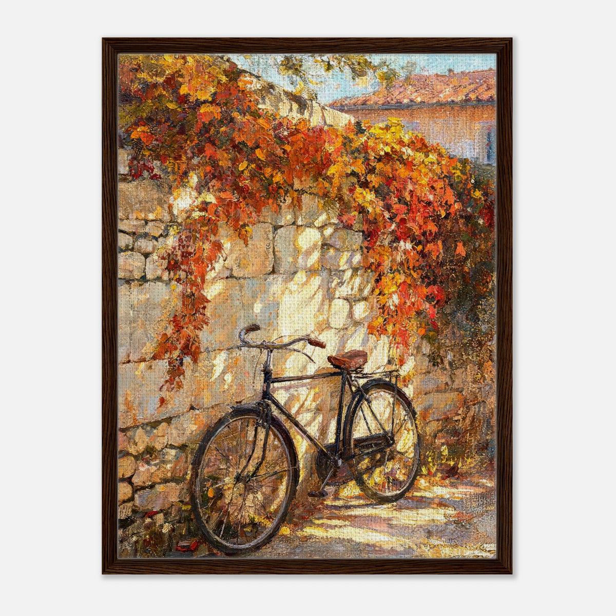 Autumn Vintage Bicycle Stone Wall Impressionist Art Print