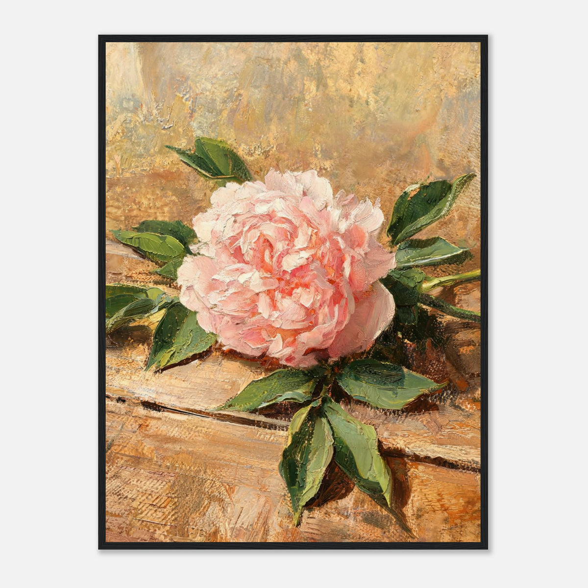 Single Pink Peony on Rustic Wood Impressionist Art Print