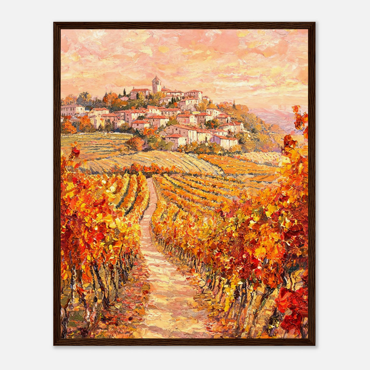 Autumn Vineyard Path Hilltop Village Impressionist Art Print