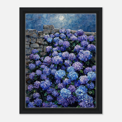 Moonlit Blue Hydrangeas by Stone Wall Impressionist Art Print