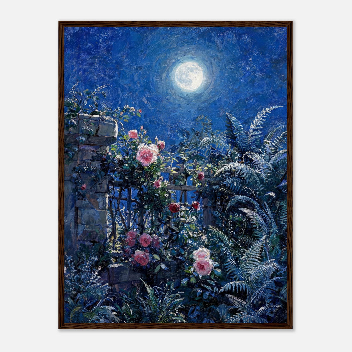 Moonlit Rose Garden and Stone Wall Impressionist Art Print