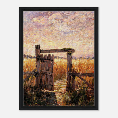 Impressionist art print from Vintstep depicting an old weathered wooden gate opening into a golden meadow field under a pastel sunset sky with textured brushstrokes.