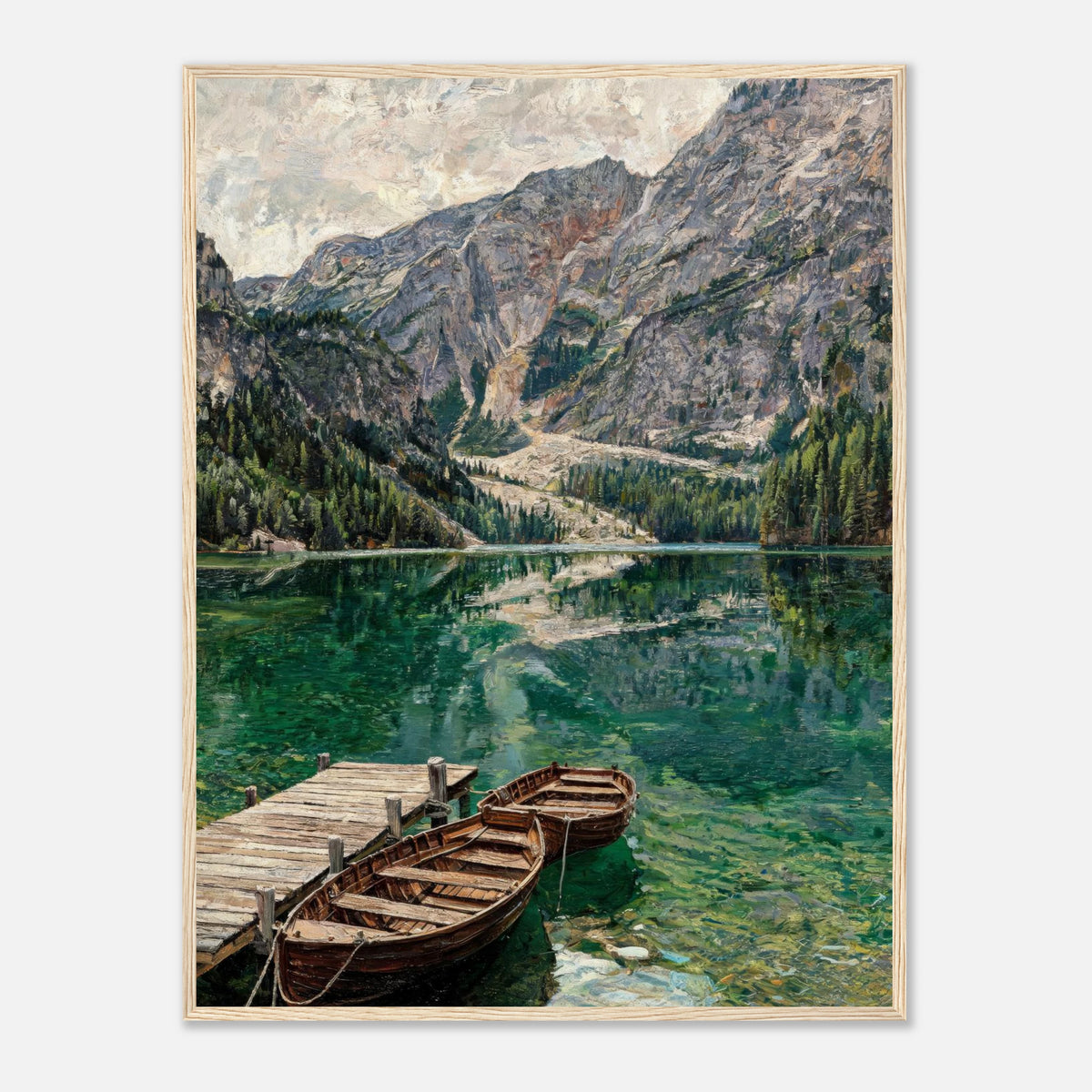 Wooden Boats on Alpine Lake Impressionist Art Print