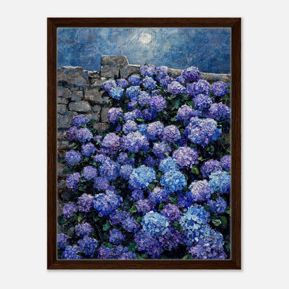 Moonlit Blue Hydrangeas by Stone Wall Impressionist Art Print