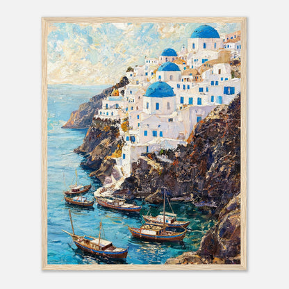 Santorini Cliffside Village & Boats Impressionist Art Print