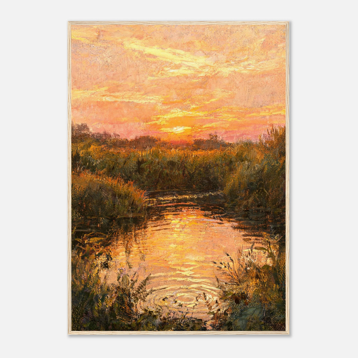 Golden Sunset over River Reflection Impressionist Art Print