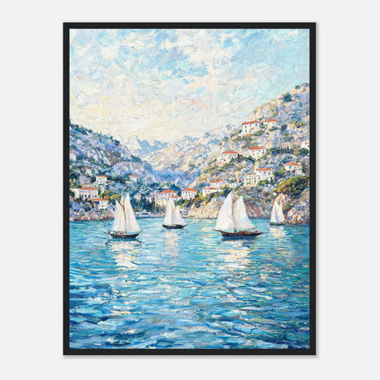 Impressionist oil painting print from Vintstep depicting white sailboats in a bright blue coastal bay surrounded by white houses on rocky hillsides.