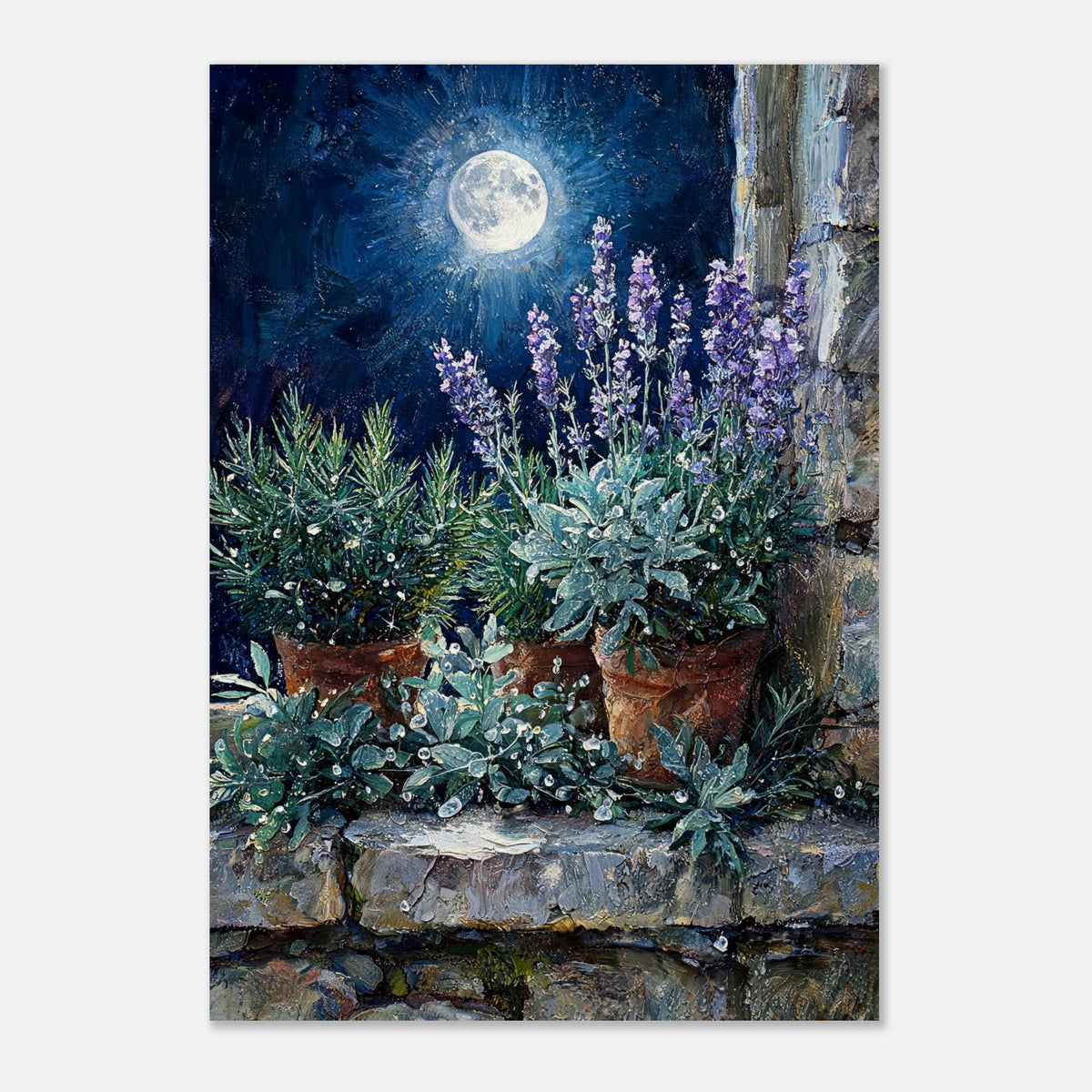 Moonlit Potted Lavender by Stone Window Impressionist Art Print